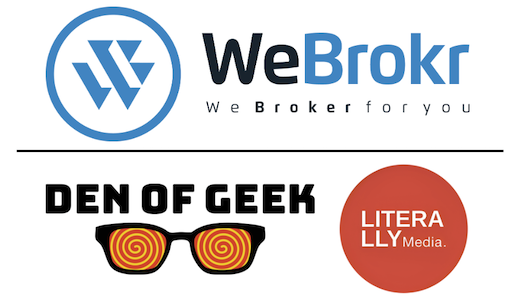 press release image showing the logos of WeBrokr, Den of Geek and Literally Media